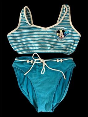 Vintage Surf Gear Mickey Mouse Disney Teal and White Striped Two-Piece Swim Set